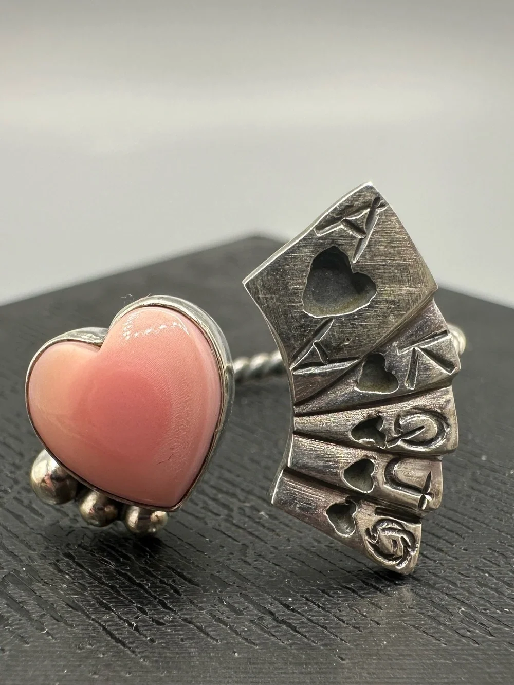 Pink Conch Sterling Silver 925 Adjustable Poker Cards Heart Ring Handmade
